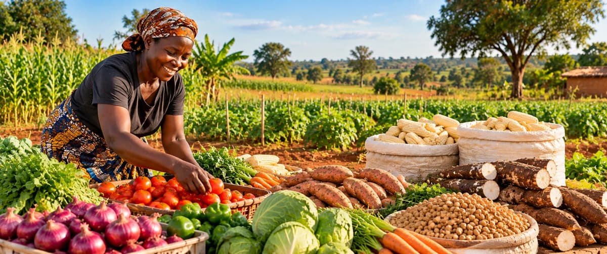 A smiling farmer at her produce by the field: tomatoes, onions, cabbage, sweet potatoes, cassava, soybeans and sacks of maize