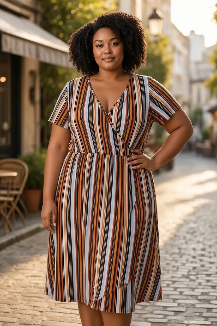 Caramel Strip Wrap Dress