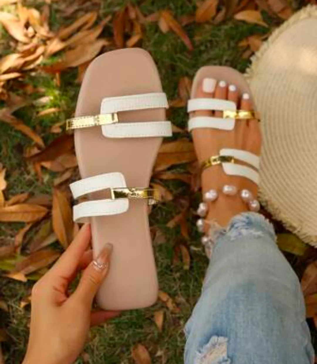 White & Gold flat slide Sandals — photo 1