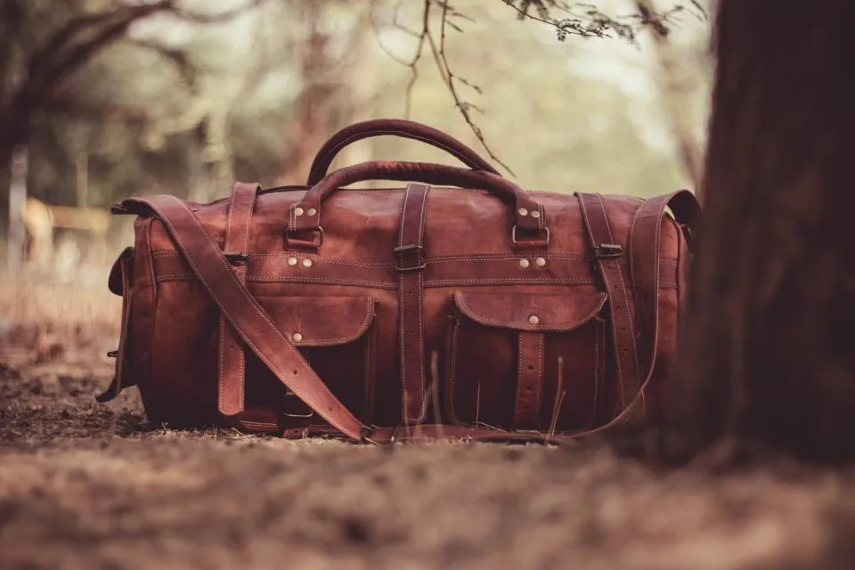 Brown leather weekender bag