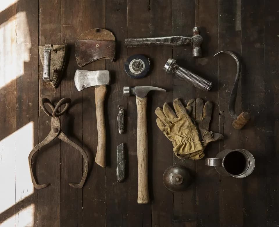 Hand tools set: axe, hammer, pliers and more